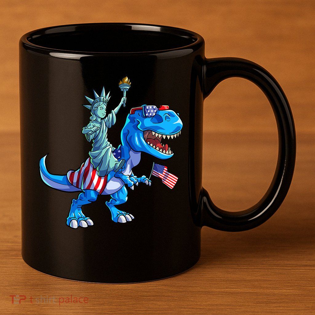 Dino Statue Of Liberty 4th Of July American Flag 11oz C Handle Ceramic Mug