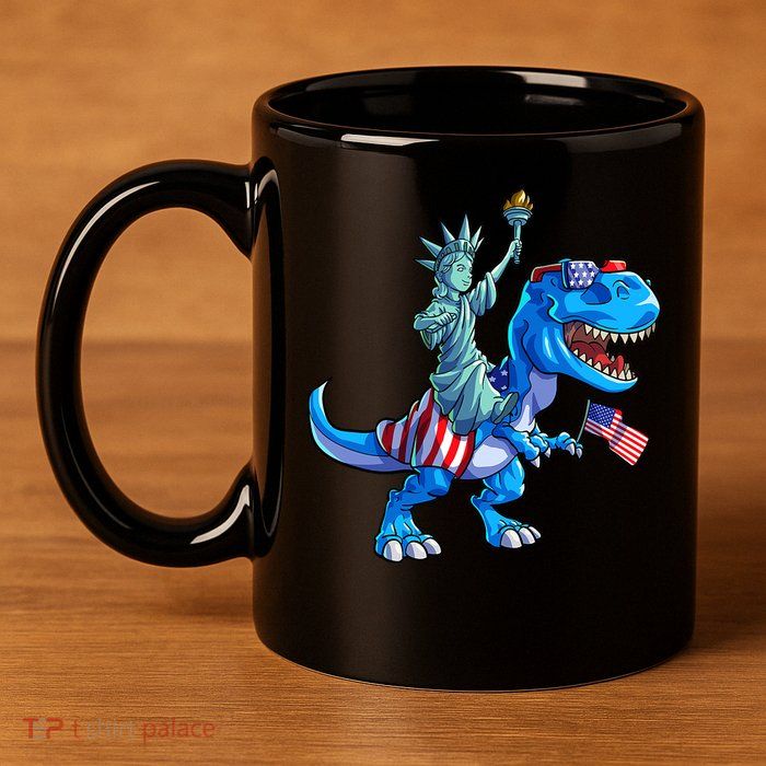 Dino Statue Of Liberty 4th Of July American Flag 11oz C Handle Ceramic Mug