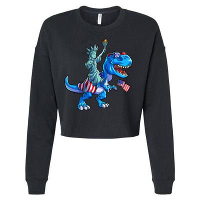 Dino Statue Of Liberty 4th Of July American Flag Cropped Pullover Crew