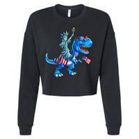 Dino Statue Of Liberty 4th Of July American Flag Cropped Pullover Crew