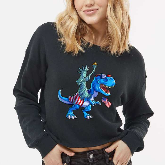 Dino Statue Of Liberty 4th Of July American Flag Cropped Pullover Crew