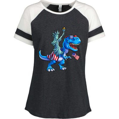 Dino Statue Of Liberty 4th Of July American Flag Enza Ladies Jersey Colorblock Tee