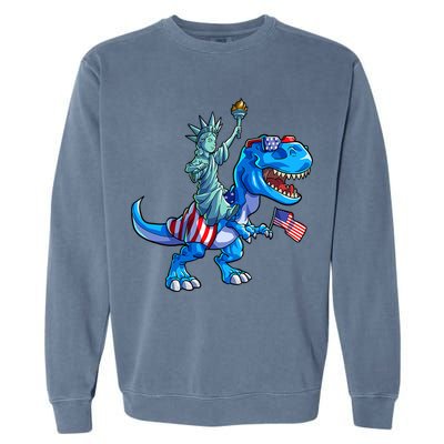 Dino Statue Of Liberty 4th Of July American Flag Garment-Dyed Sweatshirt
