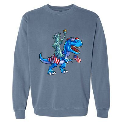 Dino Statue Of Liberty 4th Of July American Flag Garment-Dyed Sweatshirt