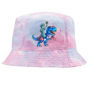 Dino Statue Of Liberty 4th Of July American Flag Tie-Dyed Bucket Hat