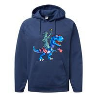 Dino Statue Of Liberty 4th Of July American Flag Performance Fleece Hoodie