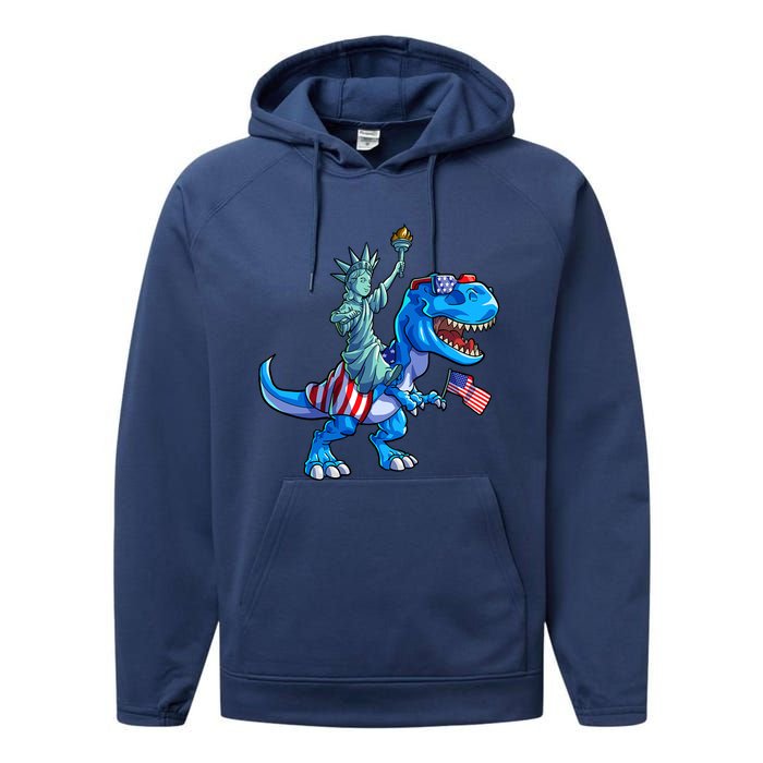 Dino Statue Of Liberty 4th Of July American Flag Performance Fleece Hoodie