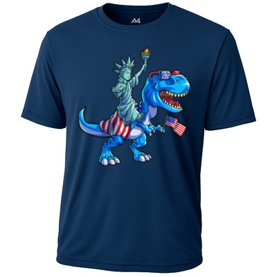 Dino Statue Of Liberty 4th Of July American Flag Performance Shirt