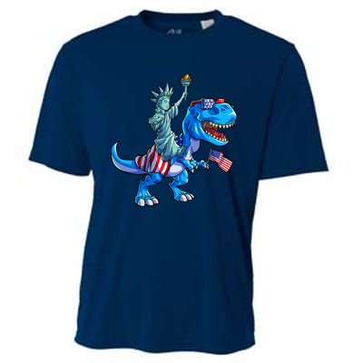 Dino Statue Of Liberty 4th Of July American Flag Cooling Performance Crew T-Shirt