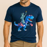 Dino Statue Of Liberty 4th Of July American Flag Cooling Performance Crew T-Shirt