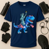 Dino Statue Of Liberty 4th Of July American Flag Cooling Performance Crew T-Shirt