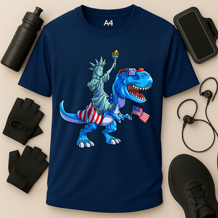 Dino Statue Of Liberty 4th Of July American Flag Cooling Performance Crew T-Shirt