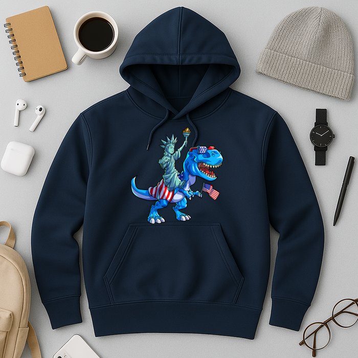Dino Statue Of Liberty 4th Of July American Flag Hoodie