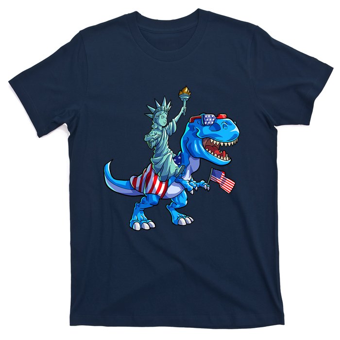 Dino Statue Of Liberty 4th Of July American Flag T-Shirt