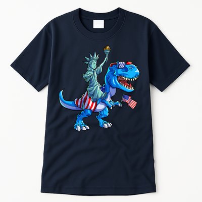 Dino Statue Of Liberty 4th Of July American Flag Tall T-Shirt