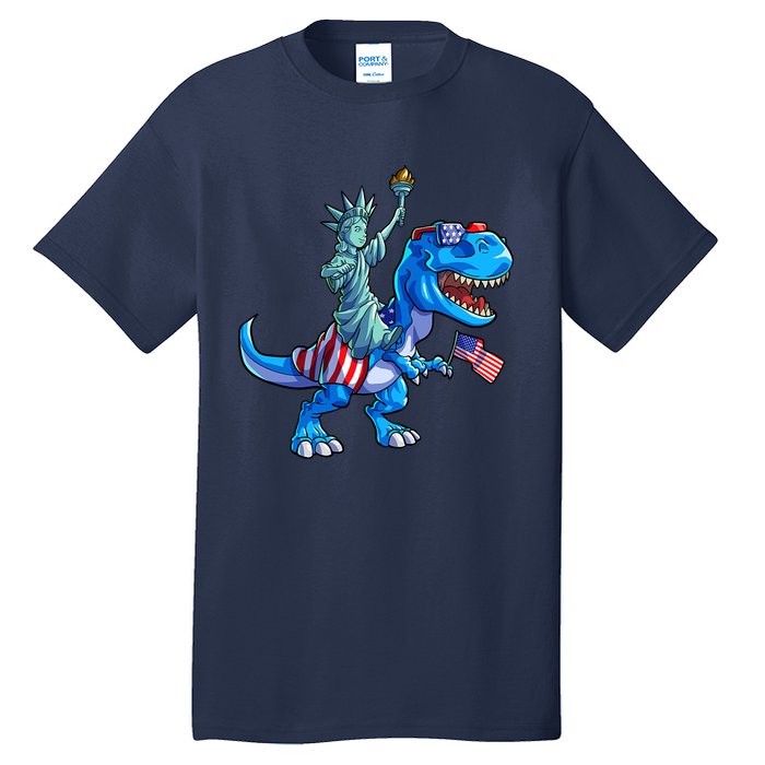 Dino Statue Of Liberty 4th Of July American Flag Tall T-Shirt