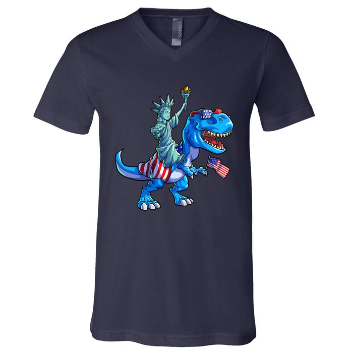 Dino Statue Of Liberty 4th Of July American Flag V-Neck T-Shirt