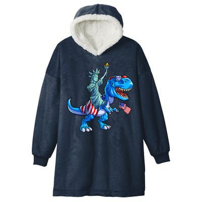 Dino Statue Of Liberty 4th Of July American Flag Hooded Wearable Blanket