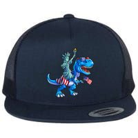 Dino Statue Of Liberty 4th Of July American Flag Flat Bill Trucker Hat