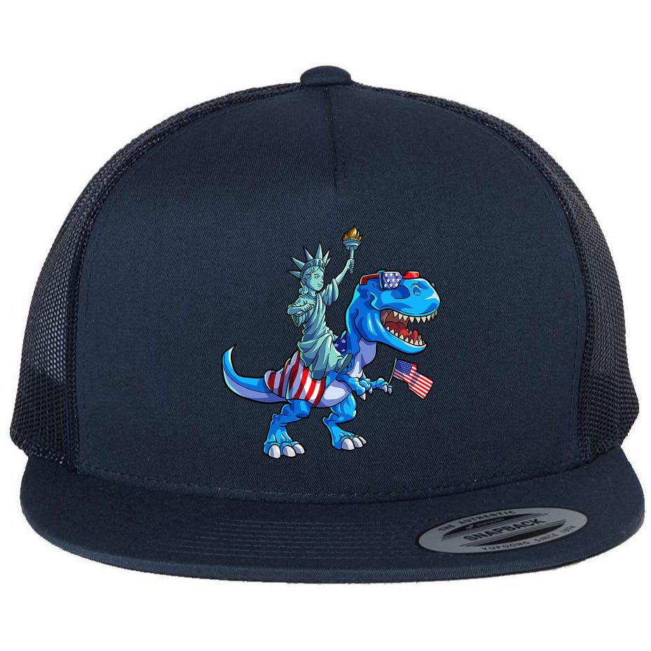 Dino Statue Of Liberty 4th Of July American Flag Flat Bill Trucker Hat