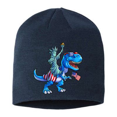 Dino Statue Of Liberty 4th Of July American Flag Sustainable Beanie