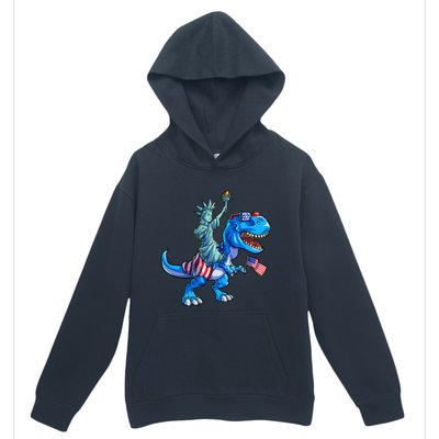 Dino Statue Of Liberty 4th Of July American Flag Urban Pullover Hoodie