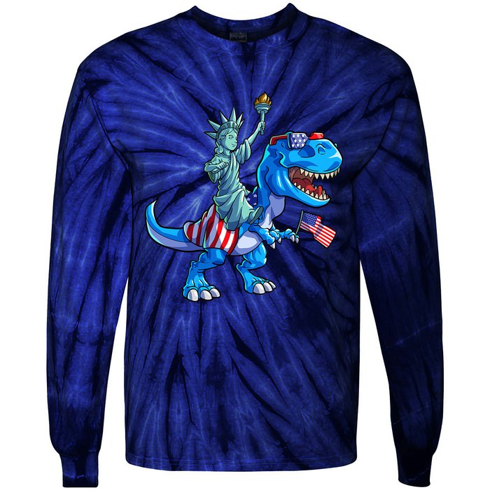 Dino Statue Of Liberty 4th Of July American Flag Tie-Dye Long Sleeve Shirt