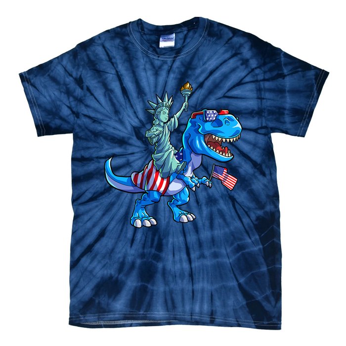 Dino Statue Of Liberty 4th Of July American Flag Tie-Dye T-Shirt