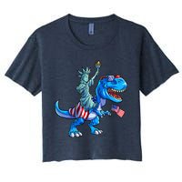 Dino Statue Of Liberty 4th Of July American Flag Women's Crop Top Tee