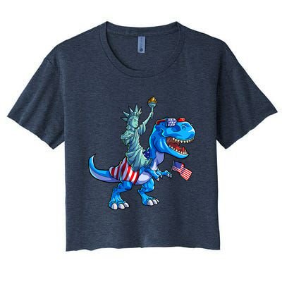 Dino Statue Of Liberty 4th Of July American Flag Women's Crop Top Tee