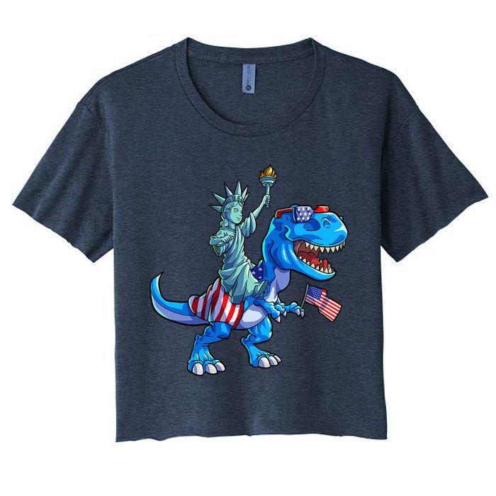 Dino Statue Of Liberty 4th Of July American Flag Women's Crop Top Tee