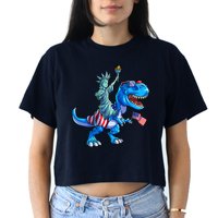 Dino Statue Of Liberty 4th Of July American Flag Women's Crop Top Tee