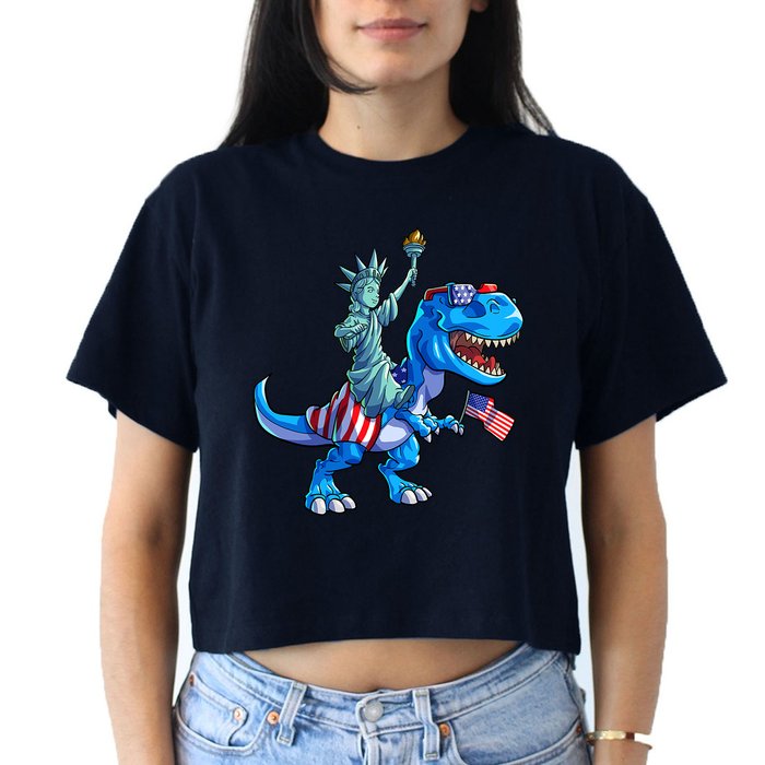 Dino Statue Of Liberty 4th Of July American Flag Women's Crop Top Tee