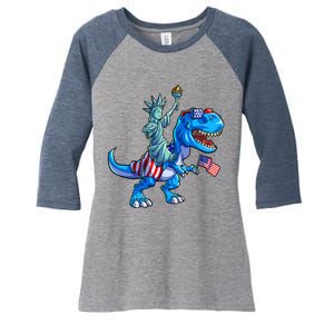 Dino Statue Of Liberty 4th Of July American Flag Women's Tri-Blend 3/4-Sleeve Raglan Shirt