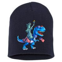 Dino Statue Of Liberty 4th Of July American Flag Short Acrylic Beanie