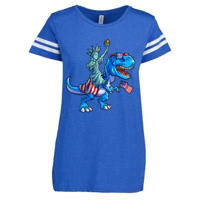 Dino Statue Of Liberty 4th Of July American Flag Enza Ladies Jersey Football T-Shirt