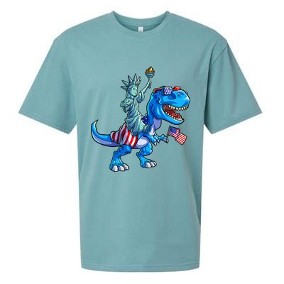 Dino Statue Of Liberty 4th Of July American Flag Sueded Cloud Jersey T-Shirt