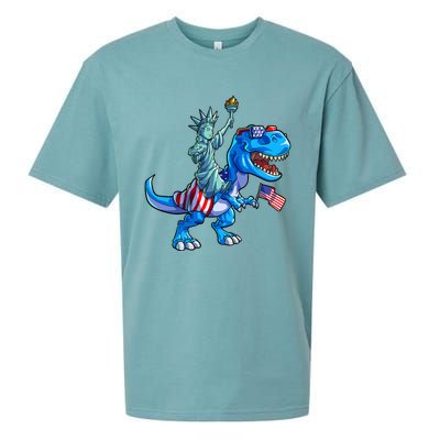 Dino Statue Of Liberty 4th Of July American Flag Sueded Cloud Jersey T-Shirt