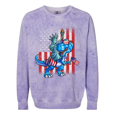 Dino Statue Of Liberty 4th Of July American Flag Colorblast Crewneck Sweatshirt