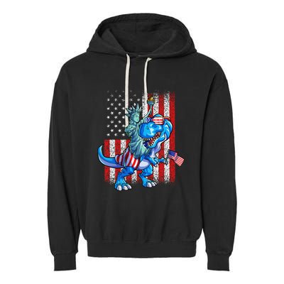 Dino Statue Of Liberty 4th Of July American Flag Garment-Dyed Fleece Hoodie