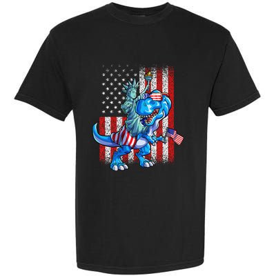 Dino Statue Of Liberty 4th Of July American Flag Garment-Dyed Heavyweight T-Shirt