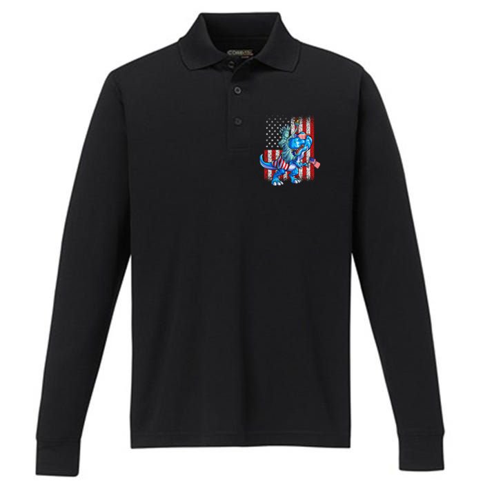 Dino Statue Of Liberty 4th Of July American Flag Performance Long Sleeve Polo