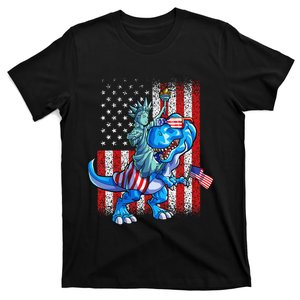 Dino Statue Of Liberty 4th Of July American Flag T-Shirt