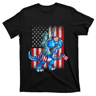 Dino Statue Of Liberty 4th Of July American Flag T-Shirt