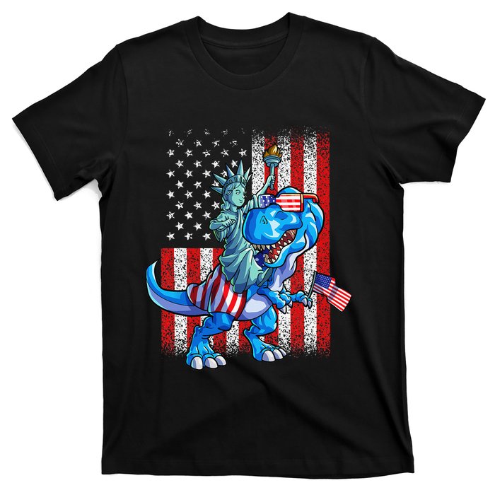 Dino Statue Of Liberty 4th Of July American Flag T-Shirt