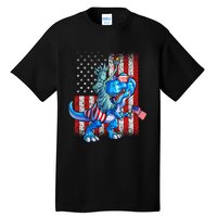 Dino Statue Of Liberty 4th Of July American Flag Tall T-Shirt