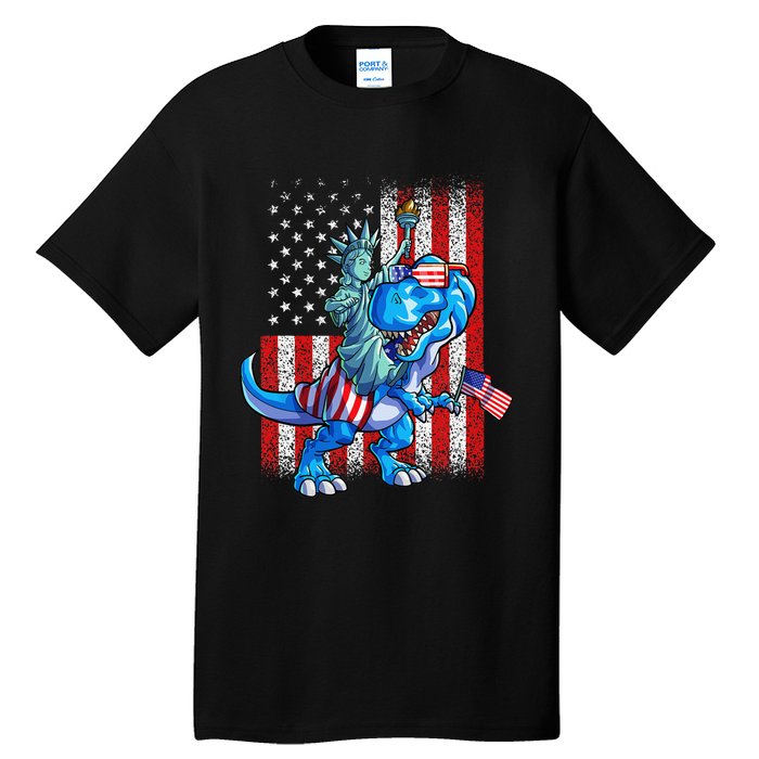 Dino Statue Of Liberty 4th Of July American Flag Tall T-Shirt