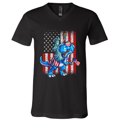 Dino Statue Of Liberty 4th Of July American Flag V-Neck T-Shirt