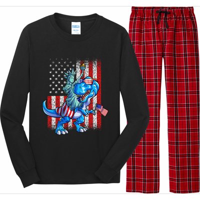 Dino Statue Of Liberty 4th Of July American Flag Long Sleeve Pajama Set