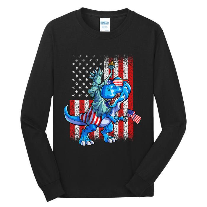 Dino Statue Of Liberty 4th Of July American Flag Tall Long Sleeve T-Shirt